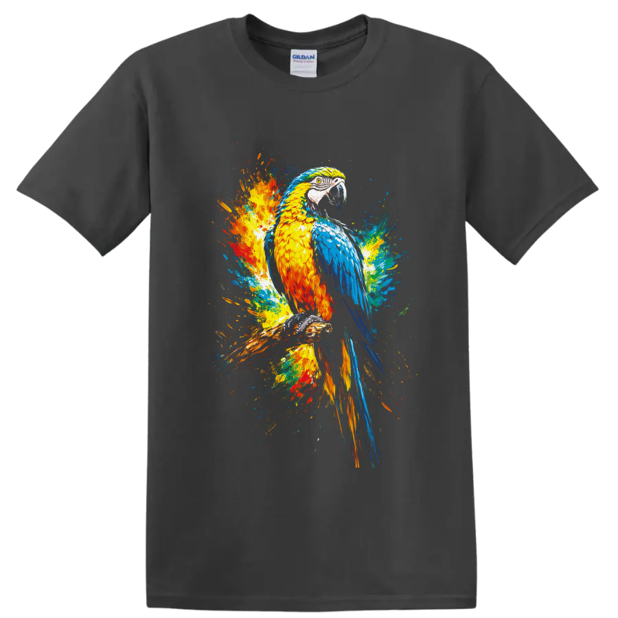 Colorful macaw parrot perched on a branch in vibrant paint splash art on a Charcoal T Shirt