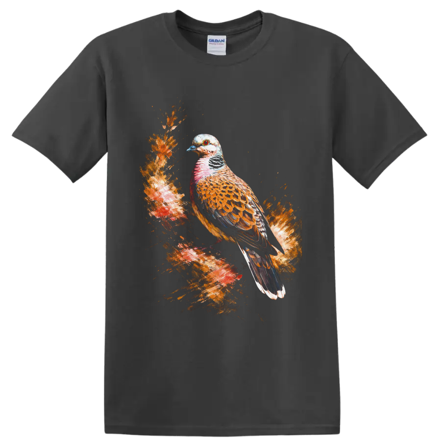 Watercolor turtle dove perched on a textured woodland branch with warm foliage on a Charcoal T Shirt