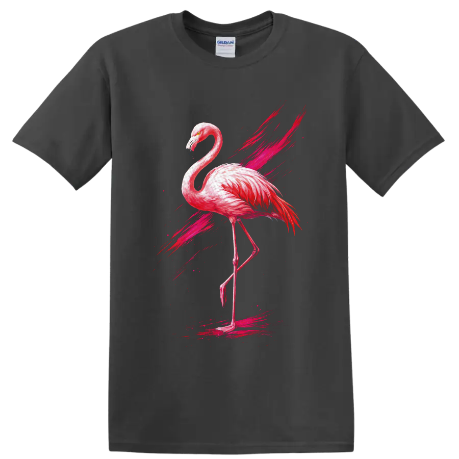 Pink flamingo in watercolor style with fuchsia brushstroke and splatter accents on a Charcoal T Shirt