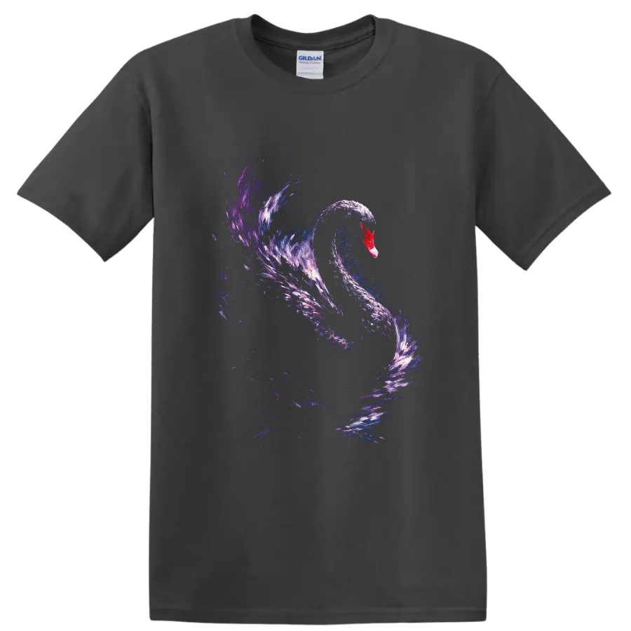 Cosmic watercolor swan with a red bill and flowing blue and purple galaxy brushstrokes on a Charcoal T Shirt