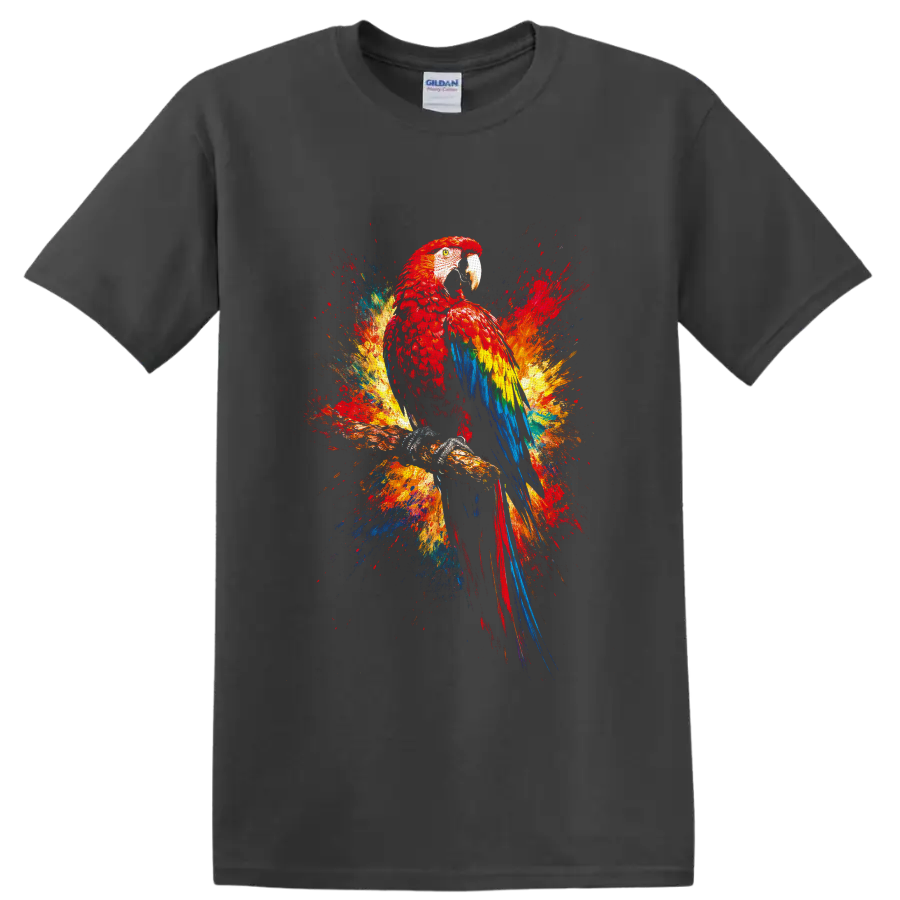 Scarlet macaw perched on a branch with colorful tropical paint-splash art on a Charcoal T Shirt