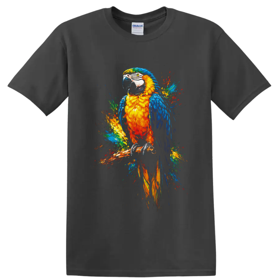 Colorful macaw parrot perched on a branch in vivid tropical paint-splash art on a Charcoal T Shirt