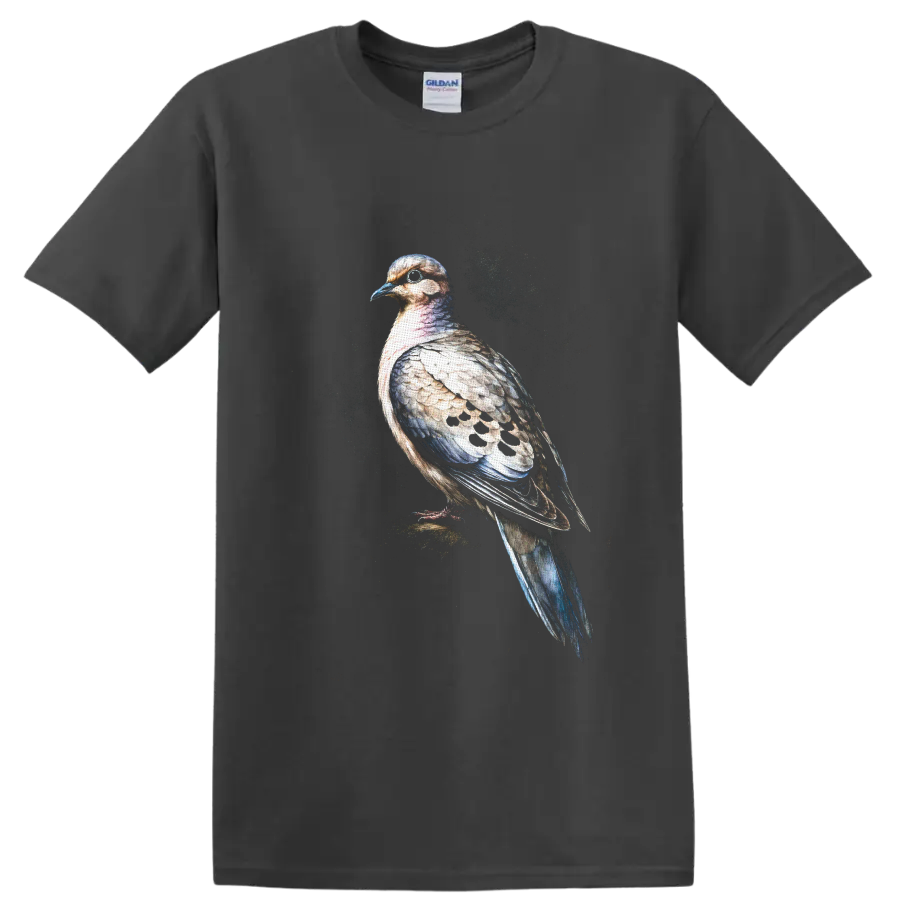 Watercolor-style mourning dove portrait with spotted wings and speckled backdrop on a Charcoal T Shirt
