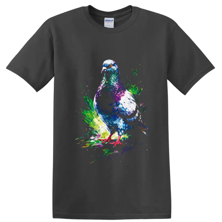 Colorful paint splash pigeon illustration with vivid layered feathers and orange eye on a Charcoal T Shirt