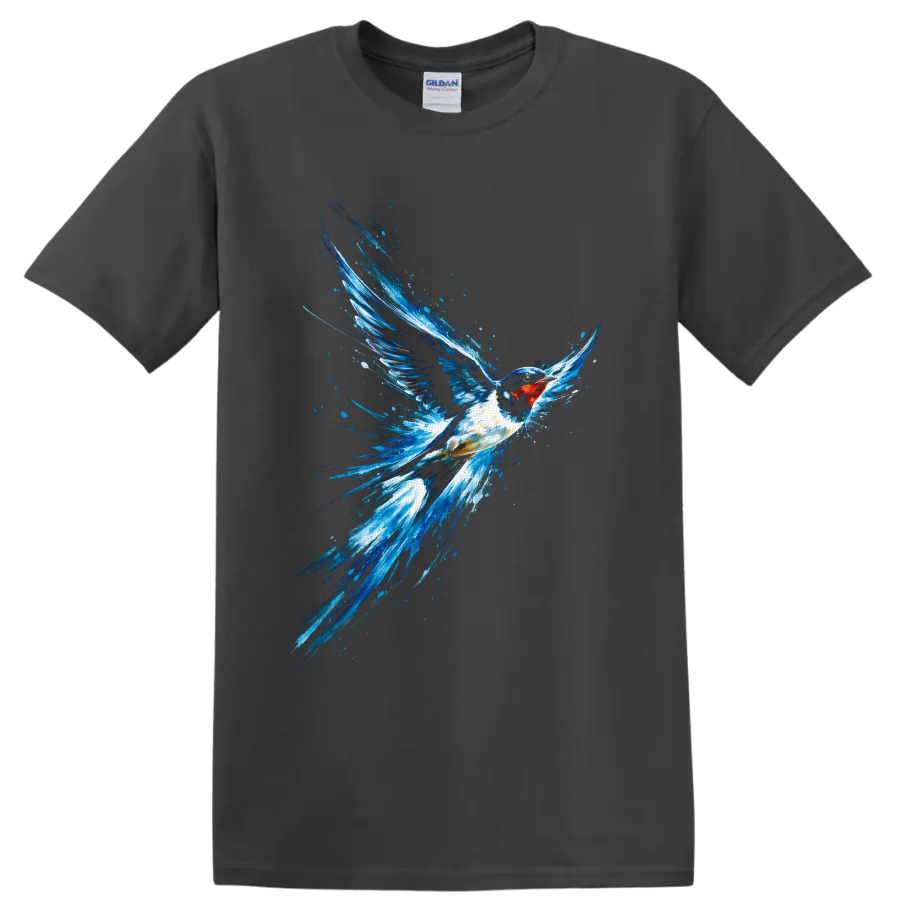 Barn swallow in flight with vivid blue watercolor splashes and a rust-red throat on a Charcoal T Shirt