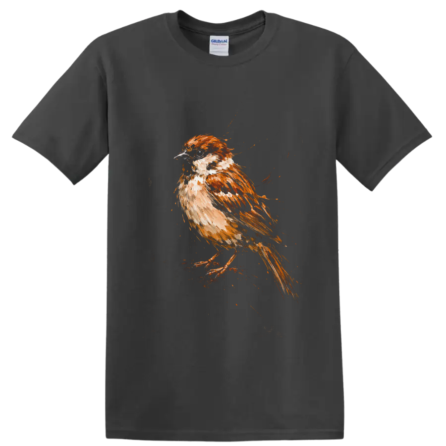 Watercolor-style house sparrow perched in warm brown and cream painterly strokes on a Charcoal T Shirt