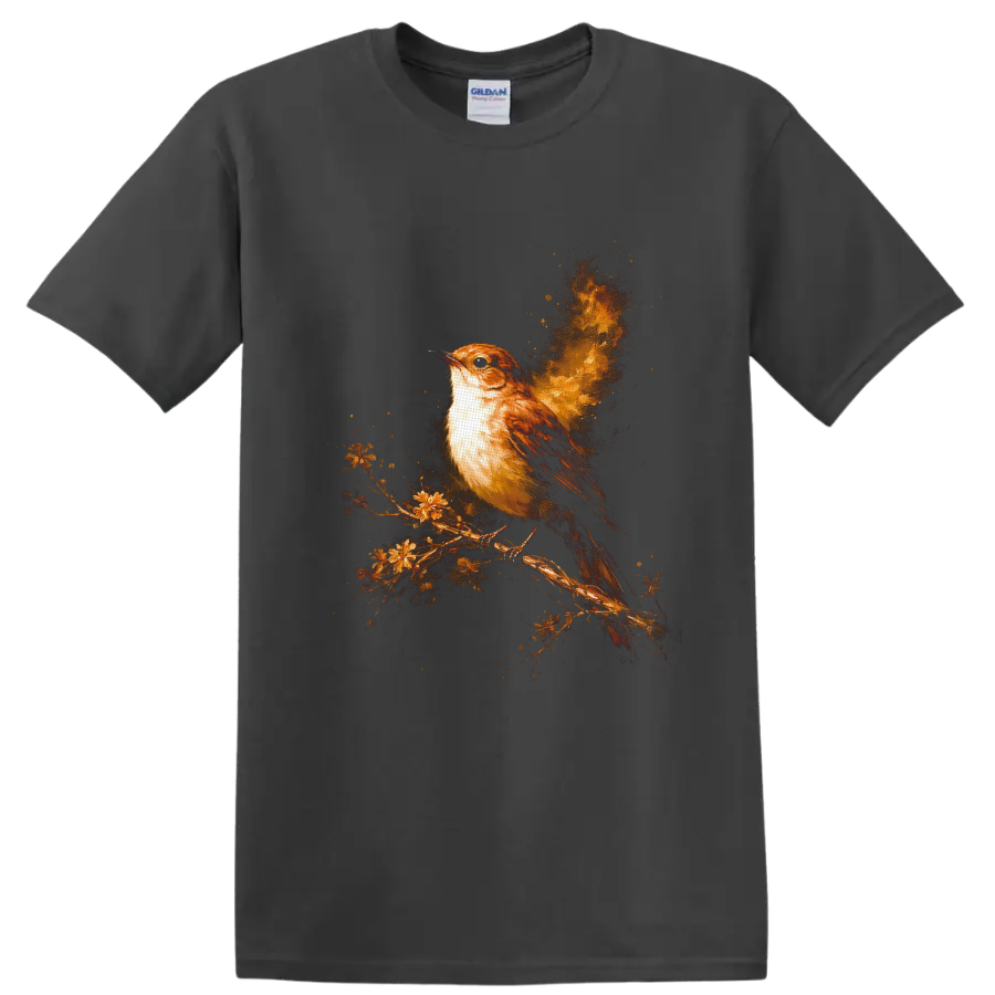 Painterly brown sparrow on a flowering branch with a glowing golden fireburst on a Charcoal T Shirt