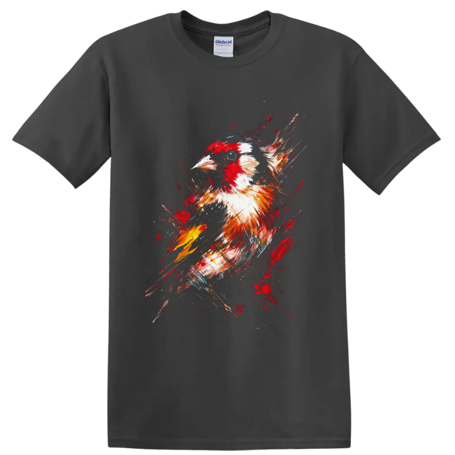 Northern Cardinal portrait in expressive red and white paint-splash wildlife art on a Charcoal T Shirt