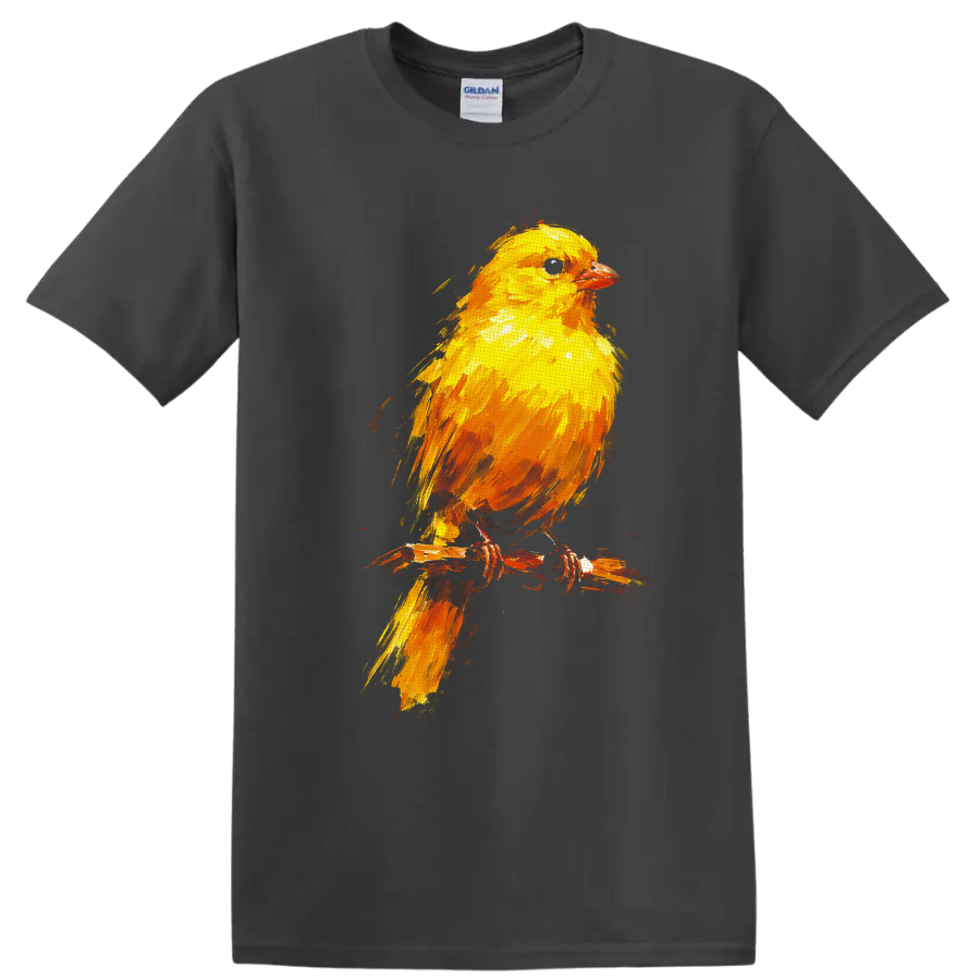 Colorful painted yellow songbird perched on a rustic branch on a Charcoal T Shirt