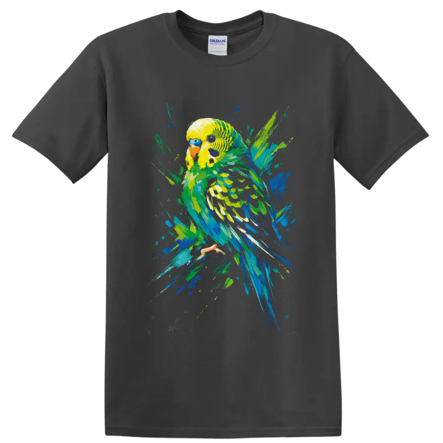 Colorful budgerigar parakeet in expressive blue, green, and yellow brushstroke art on a Charcoal T Shirt