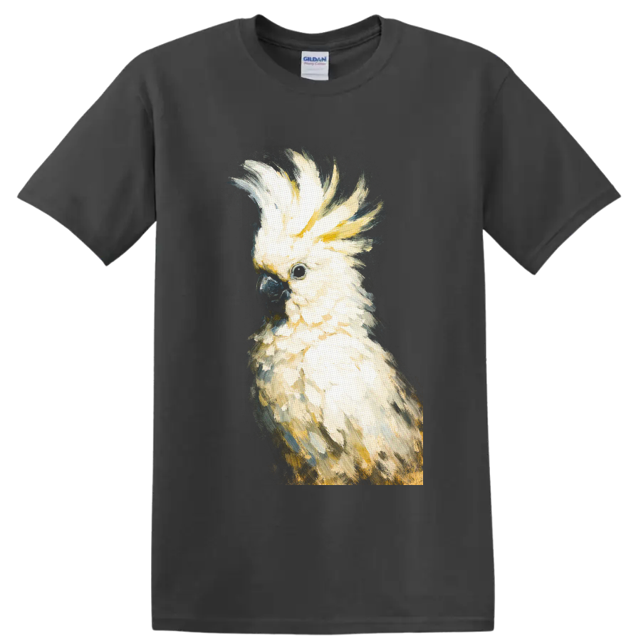 Painterly sulphur-crested cockatoo portrait with raised yellow crest on a Charcoal T Shirt