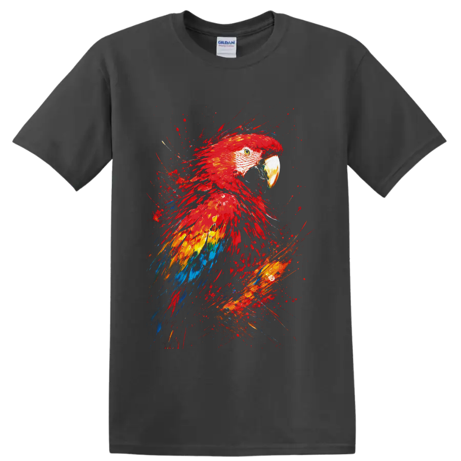 Scarlet Macaw portrait in vibrant red, yellow, blue, and orange paint splash art on a Charcoal T Shirt