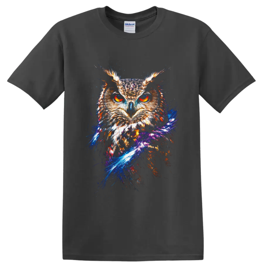 Fiery owl portrait with glowing orange eyes and cosmic galaxy splash artwork on a Charcoal T Shirt