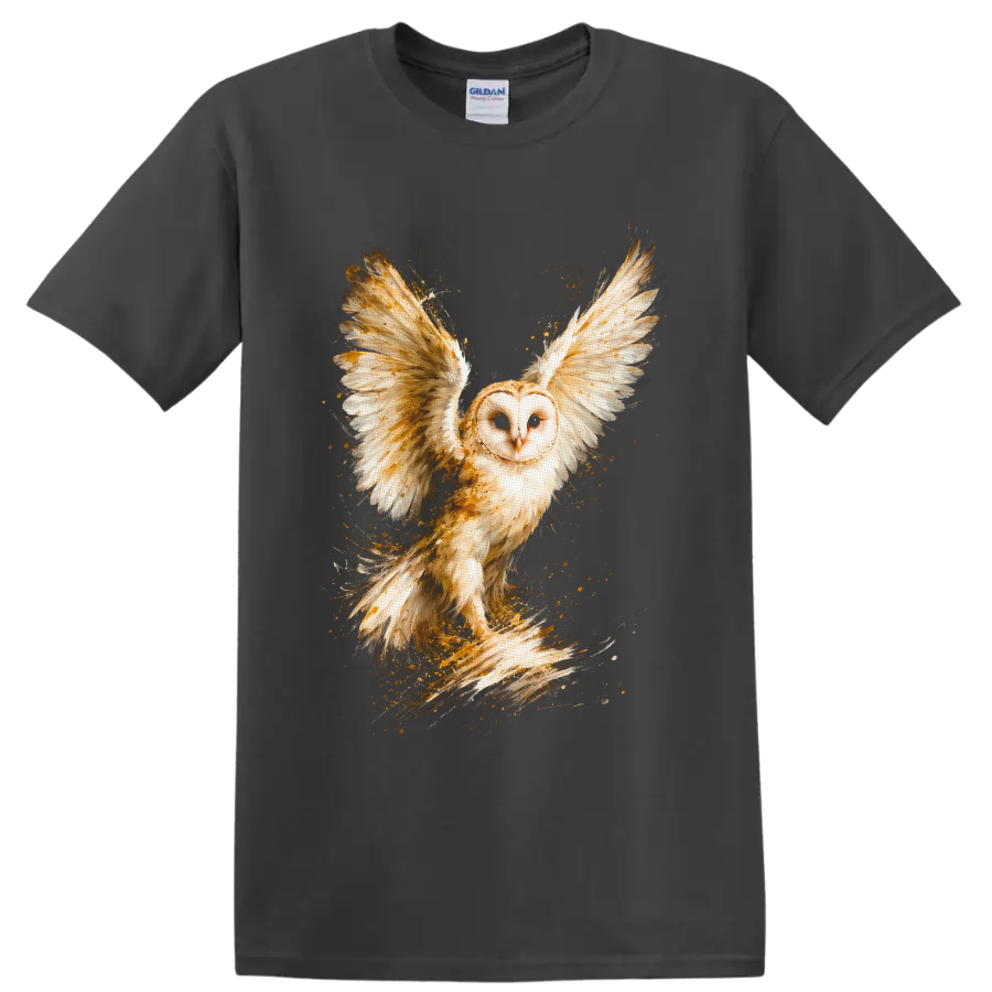 Barn owl in flight with spread wings in golden watercolor wildlife art on a Charcoal T Shirt