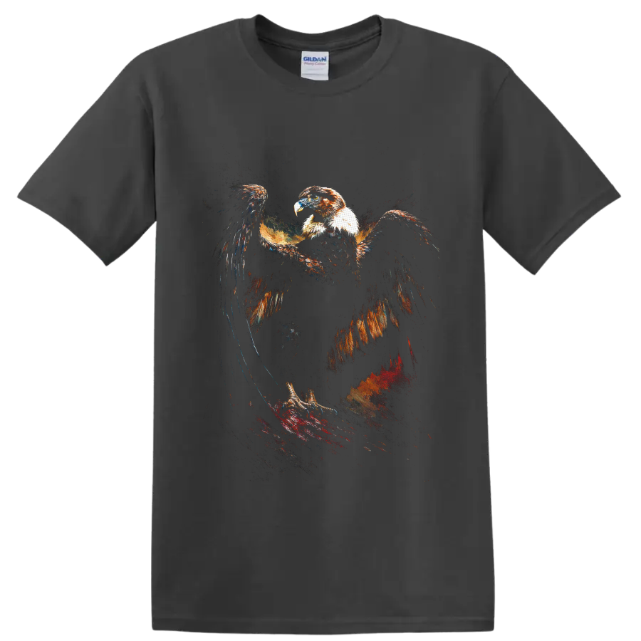 Bald eagle with outstretched wings in distressed patriotic painterly splatter art on a Charcoal T Shirt