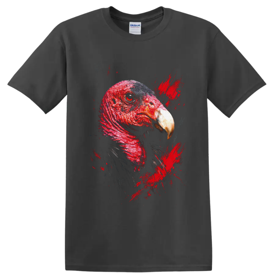 Red turkey bird portrait in detailed grunge style with distressed paint splashes on a Charcoal T Shirt