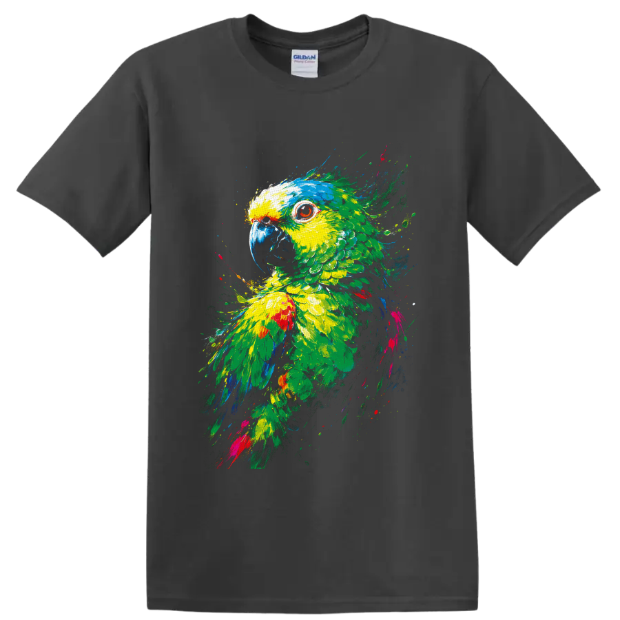 Colorful parrot portrait in vibrant tropical paint splatter art on a Charcoal T Shirt