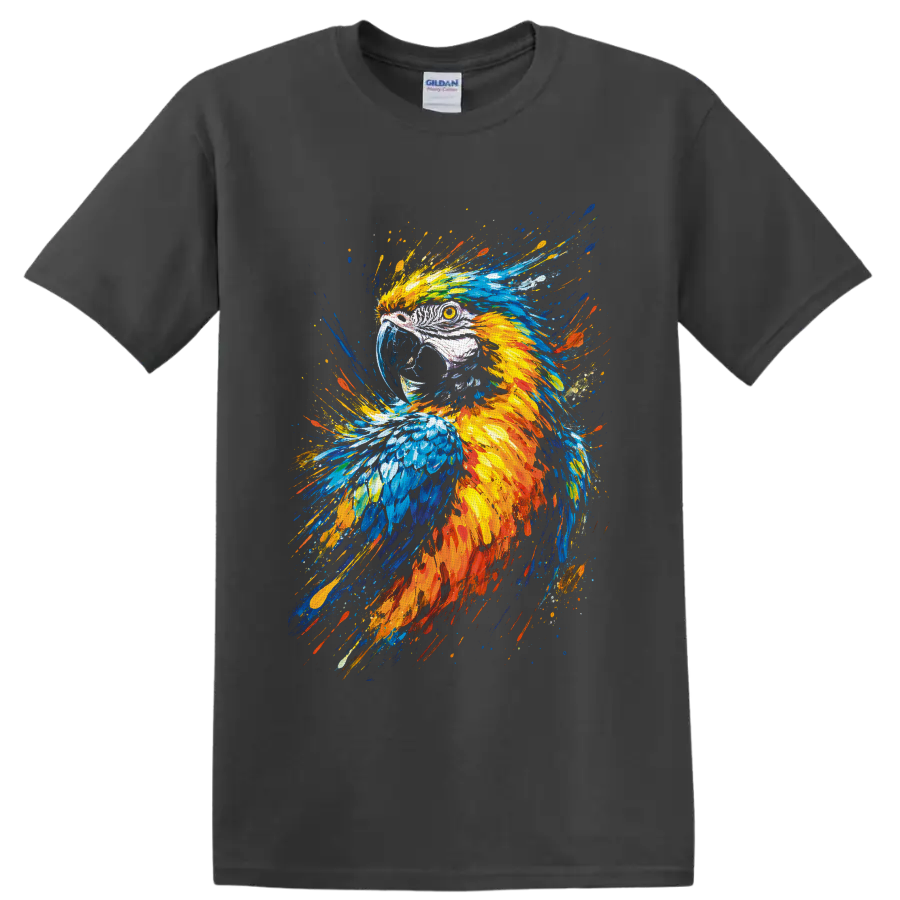 Colorful macaw parrot portrait in vivid blue, yellow, and orange paint-splash art on a Charcoal T Shirt