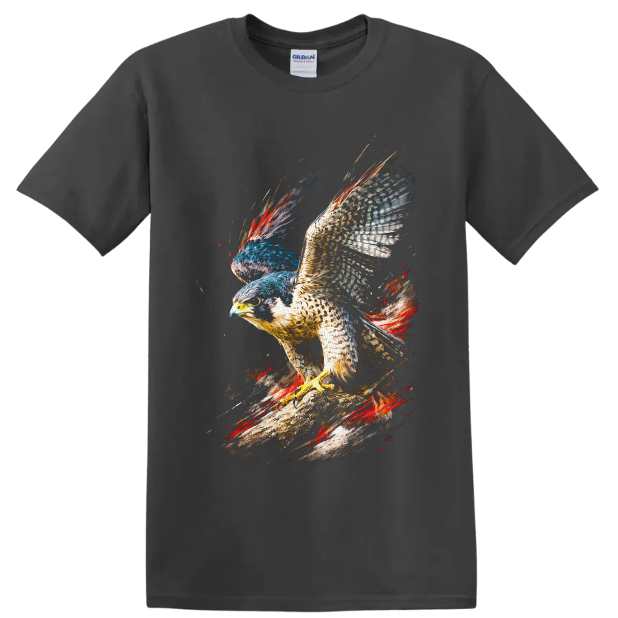 Peregrine falcon on a branch in colorful paint-splash wildlife art on a Charcoal T Shirt