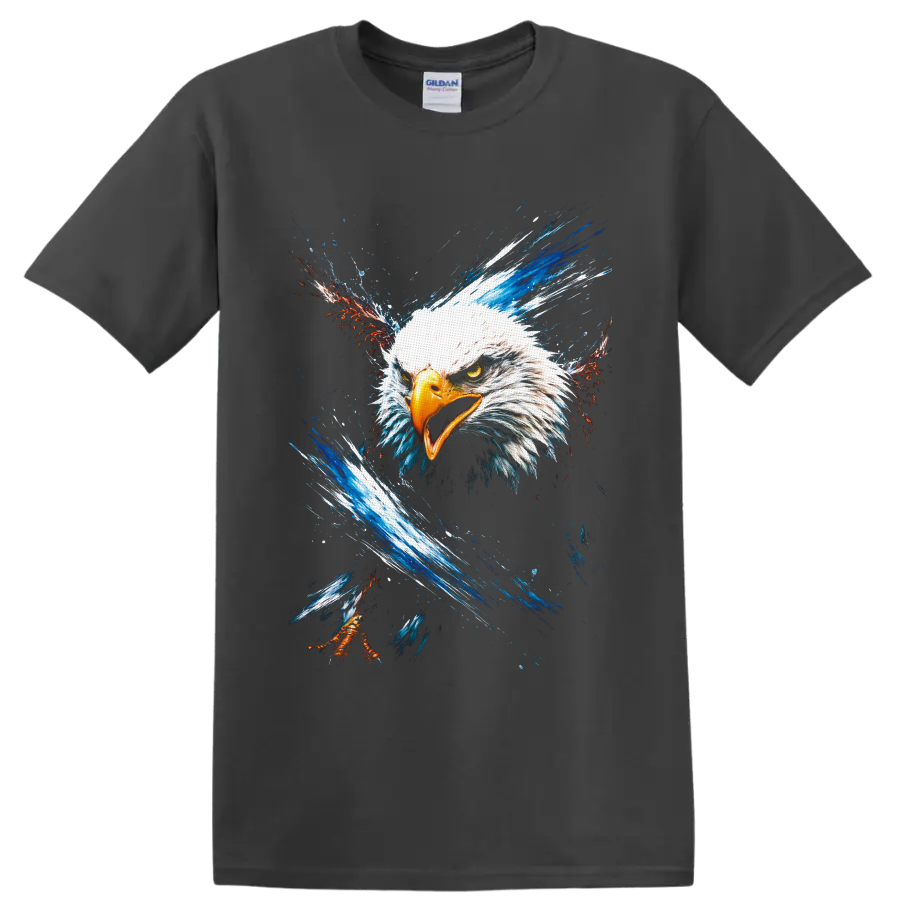 Fierce bald eagle portrait with red, white, and blue splash art on a Charcoal T Shirt