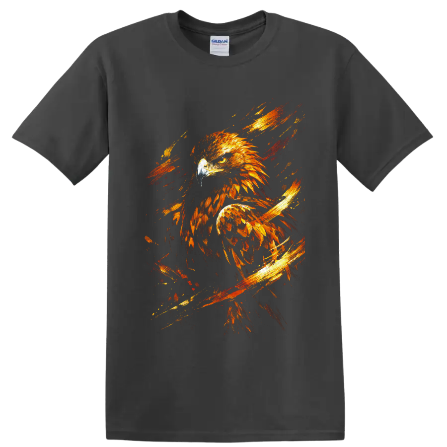 Fiery golden eagle illustration with textured feathers and red-orange brushstrokes on a Charcoal T Shirt