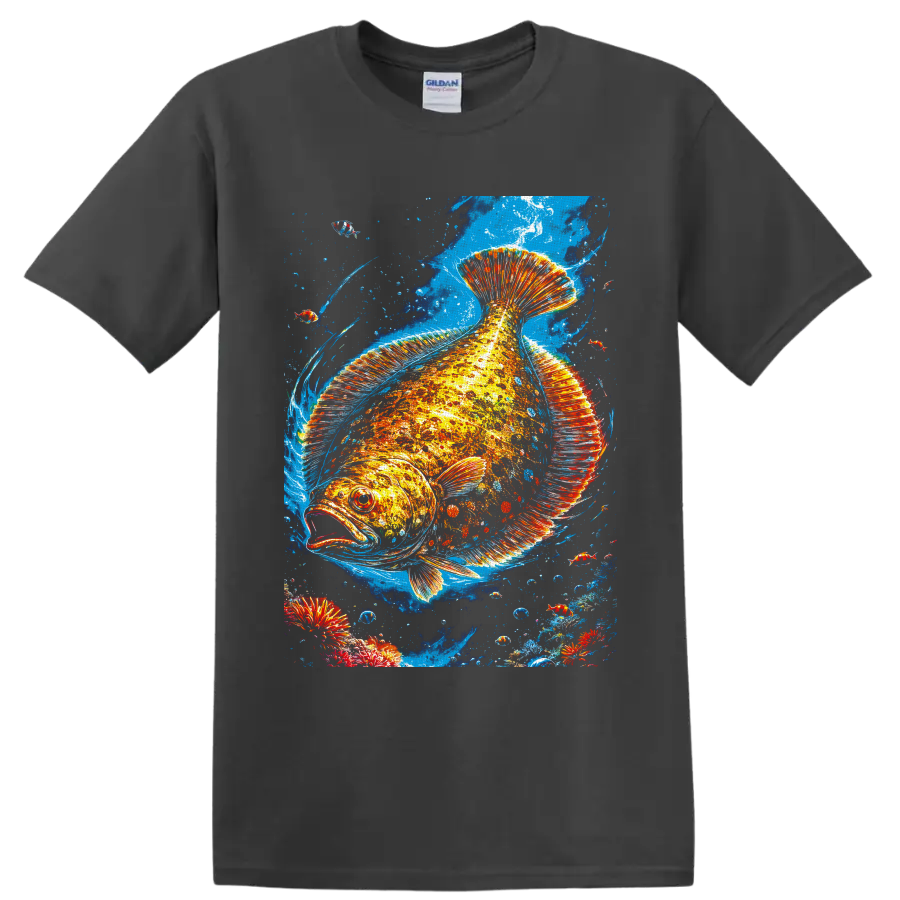 Vibrant tropical fish illustration with fiery fins, blue currents, bubbles, and small fish on a Charcoal T Shirt
