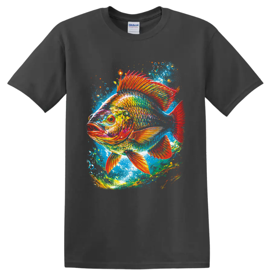 Colorful tropical fish with fiery fins in painterly underwater splash art on a Charcoal T Shirt