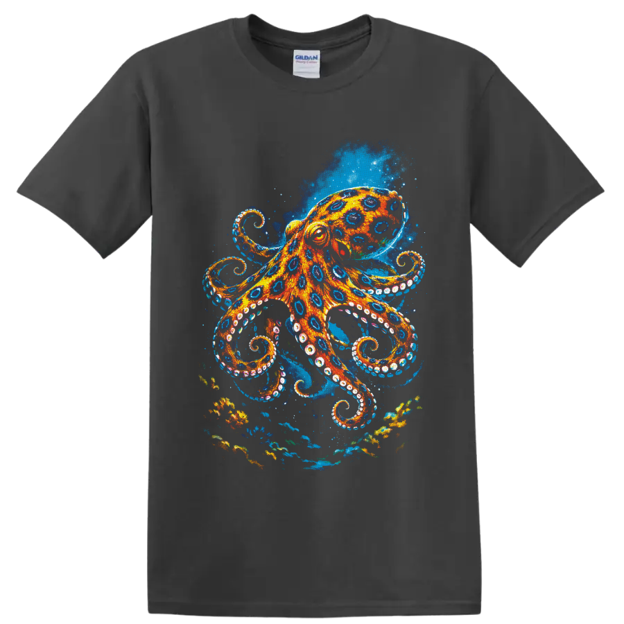 Vibrant orange and blue painterly octopus in a swirling underwater ocean scene on a Charcoal T Shirt