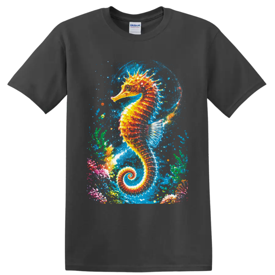 Vibrant splash-art seahorse surrounded by coral, bubbles, and blue underwater textures on a Charcoal T Shirt