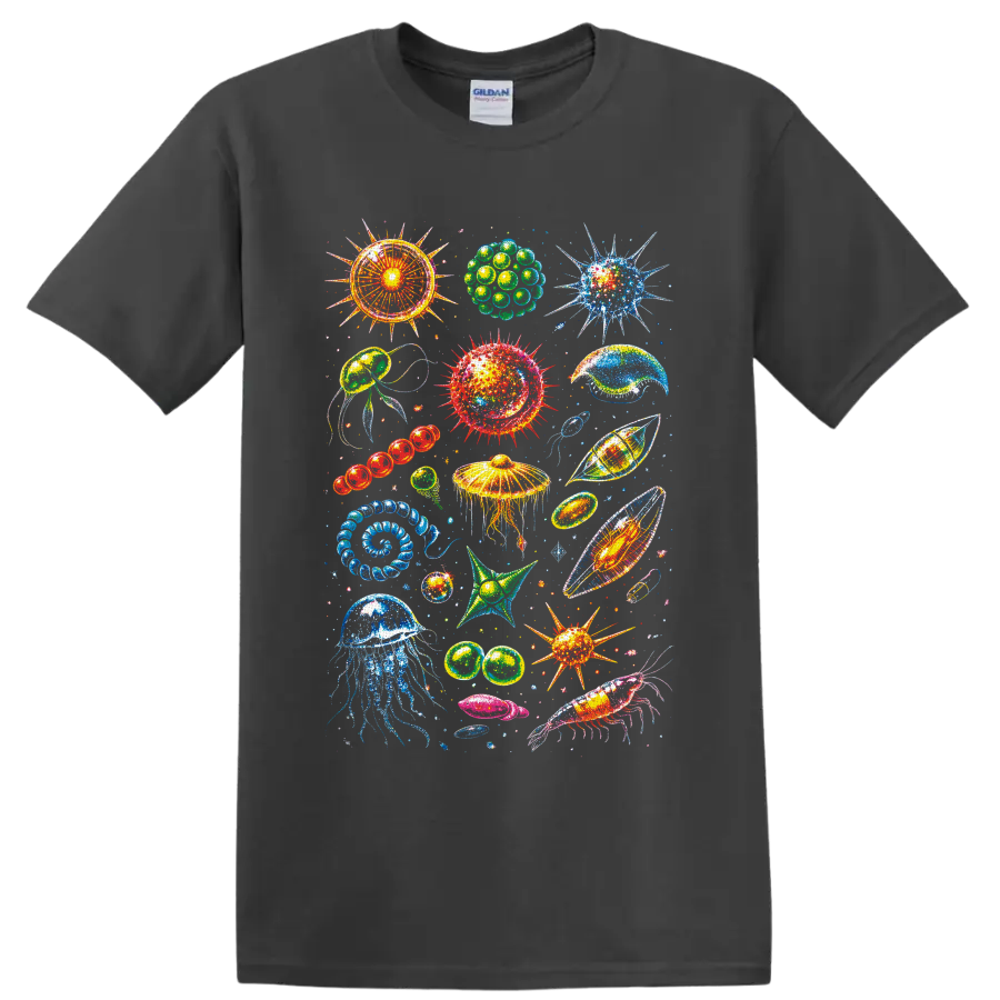 Colorful jellyfish, shrimp, shells, and microscopic sea life illustration on a Charcoal T Shirt