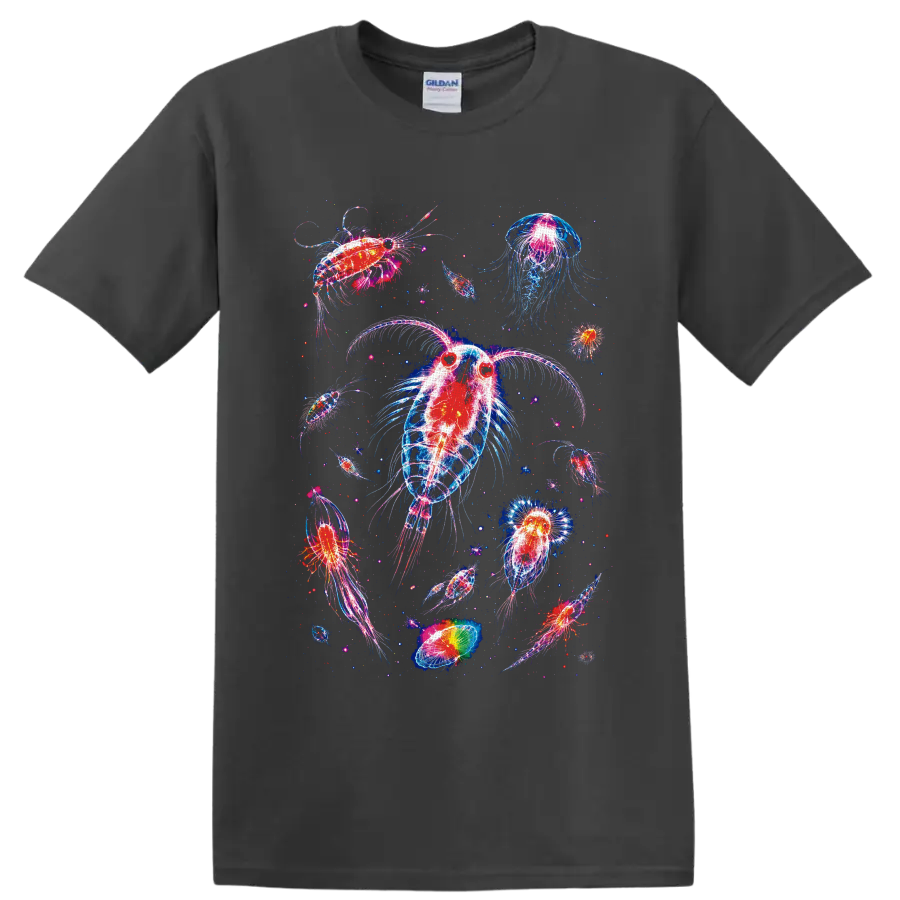 Neon bioluminescent plankton and jellyfish-like aquatic animals in glowing ocean art on a Charcoal T Shirt