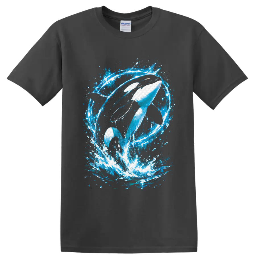 Orca whale leaping through a vivid blue ocean splash in painterly graphic style on a Charcoal T Shirt