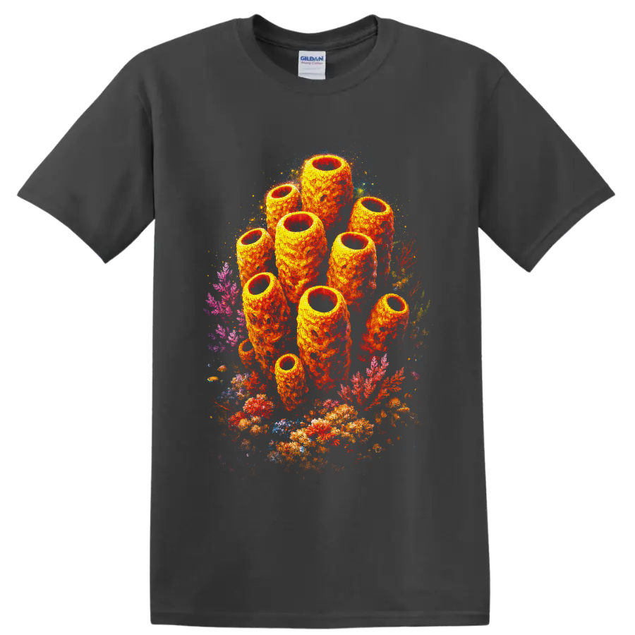 Vibrant orange sea sponge cluster with colorful coral reef artwork on a Charcoal T Shirt