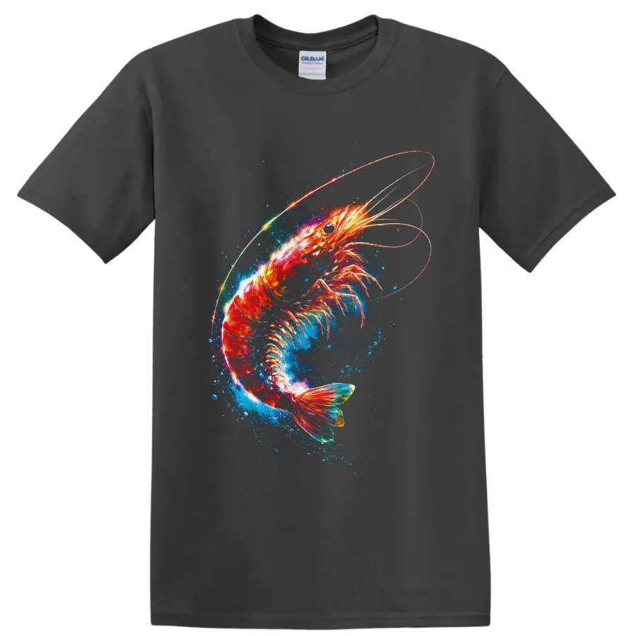 Glowing cosmic shrimp with blue ocean splashes and luminous orbital rings on a Charcoal T Shirt