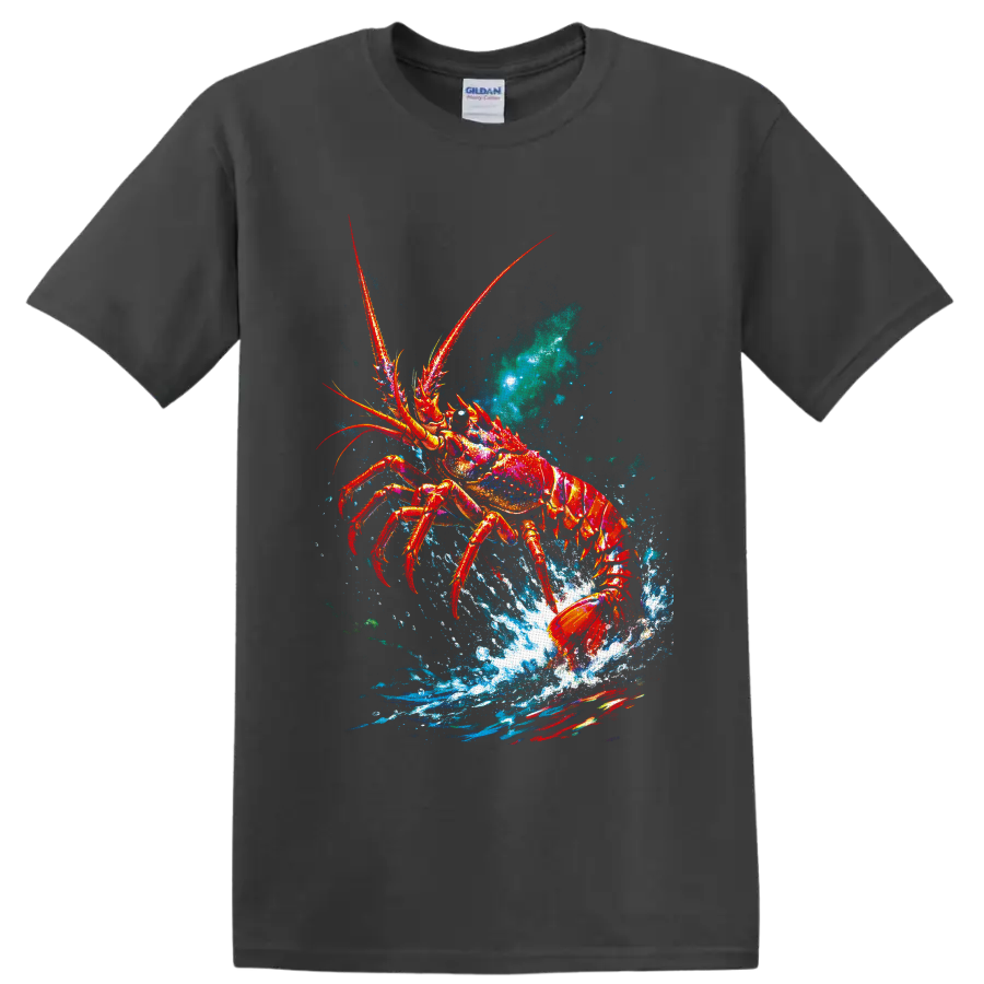 Colorful lobster bursting through blue ocean splash in vivid painterly marine art on a Charcoal T Shirt