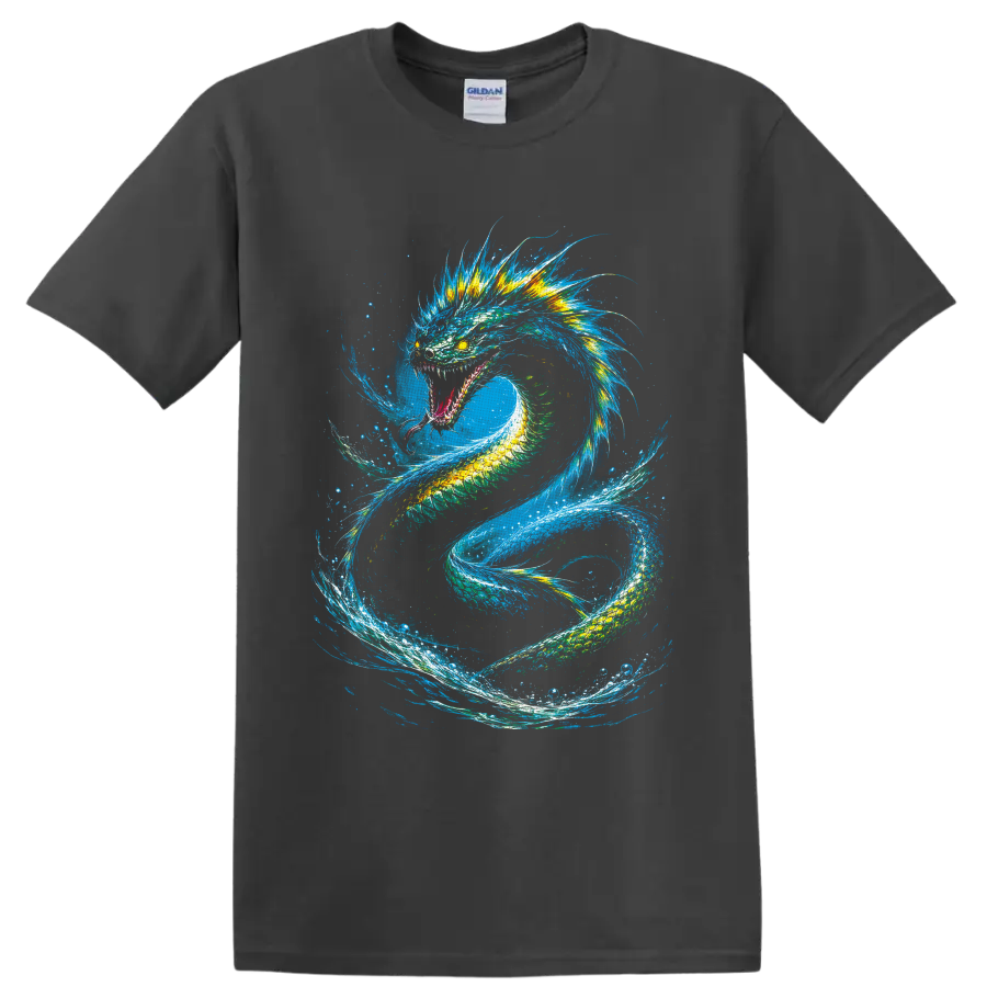 Colorful Water Dragon with blue mane coiling through swirling ocean waves on a Charcoal T Shirt