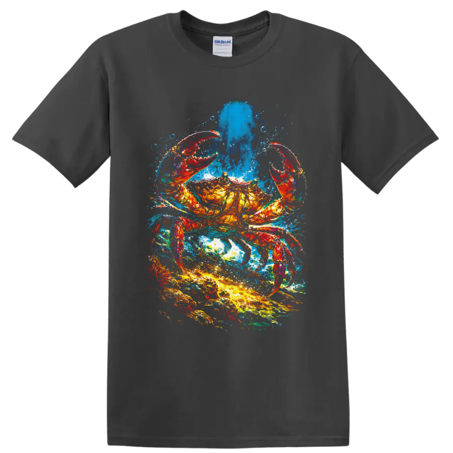 Colorful crab in a vivid watercolor-style ocean splash with bubbles on a Charcoal T Shirt