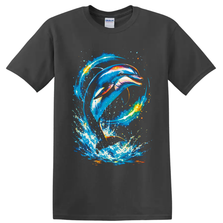 Vibrant dolphin swimming through a swirling ocean wave splash in painterly aquatic art on a Charcoal T Shirt
