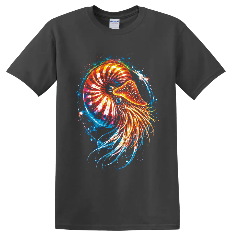 Cosmic nautilus illustration with glowing chambered shell, flowing tentacles, and blue on a Charcoal T Shirt