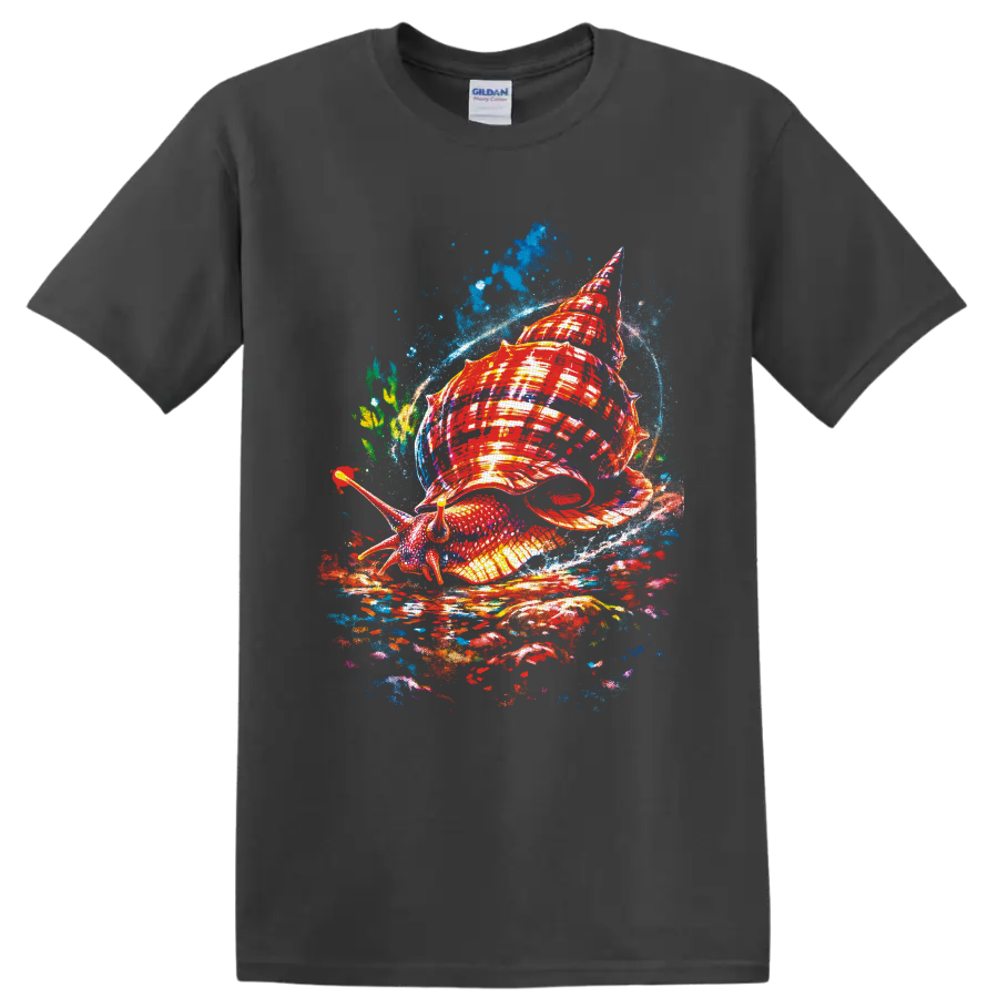 Colorful sea snail with a red spiral shell in expressive blue ocean splash art on a Charcoal T Shirt