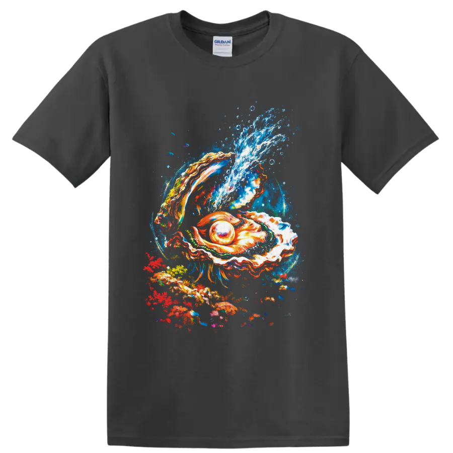 Colorful painted oyster shell with glowing pearl and cresting ocean wave on a Charcoal T Shirt
