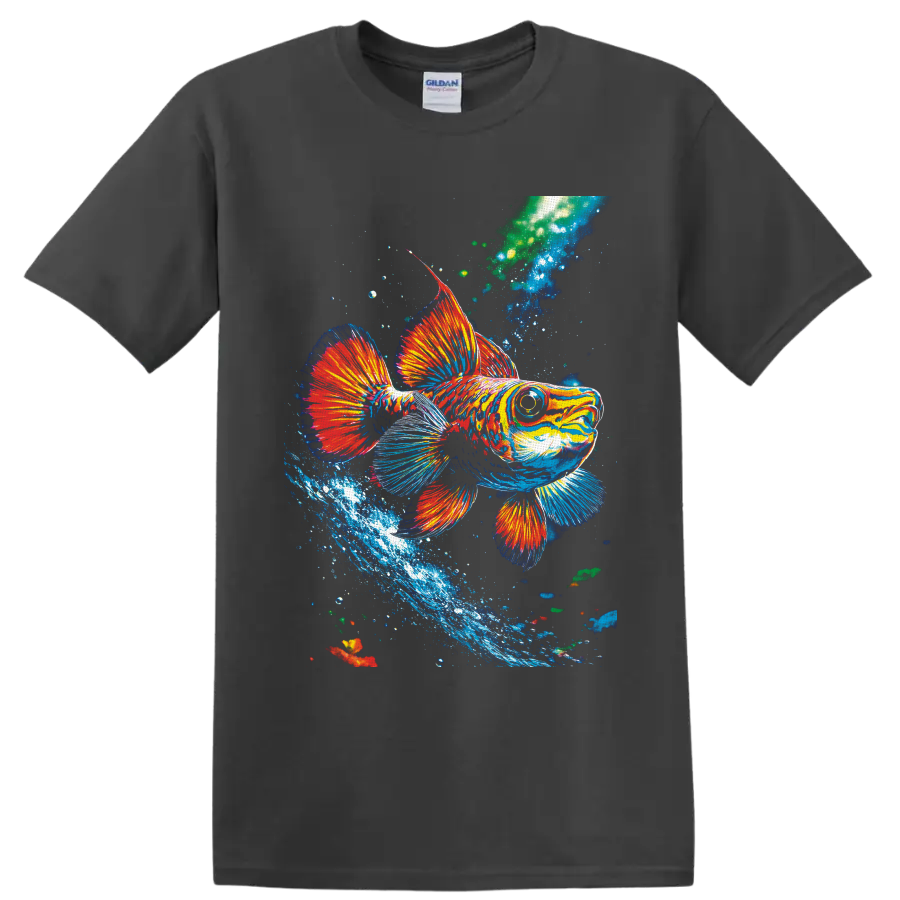 Colorful tropical fish illustration with flowing fins, bubbles, and a blue water splash on a Charcoal T Shirt