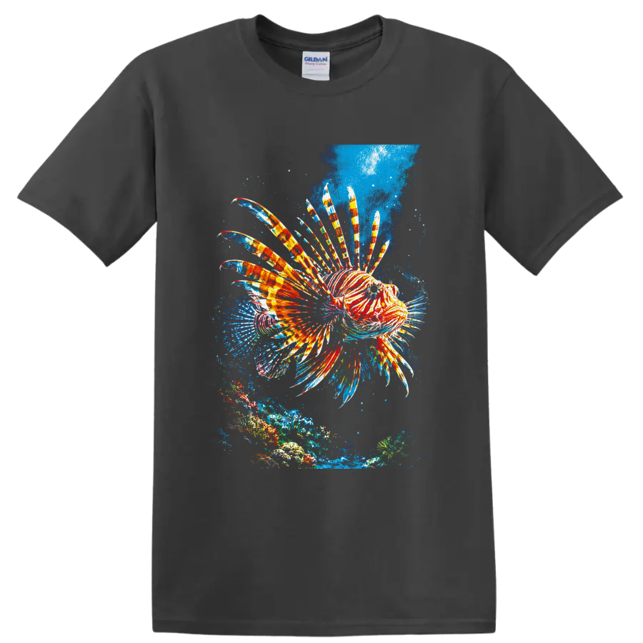 Colorful lionfish with striped fins over a tropical coral reef in splash-style ocean art on a Charcoal T Shirt