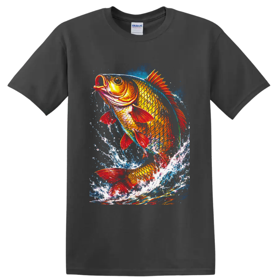 Colorful koi fish with red fins leaping through painterly blue water splashes on a Charcoal T Shirt