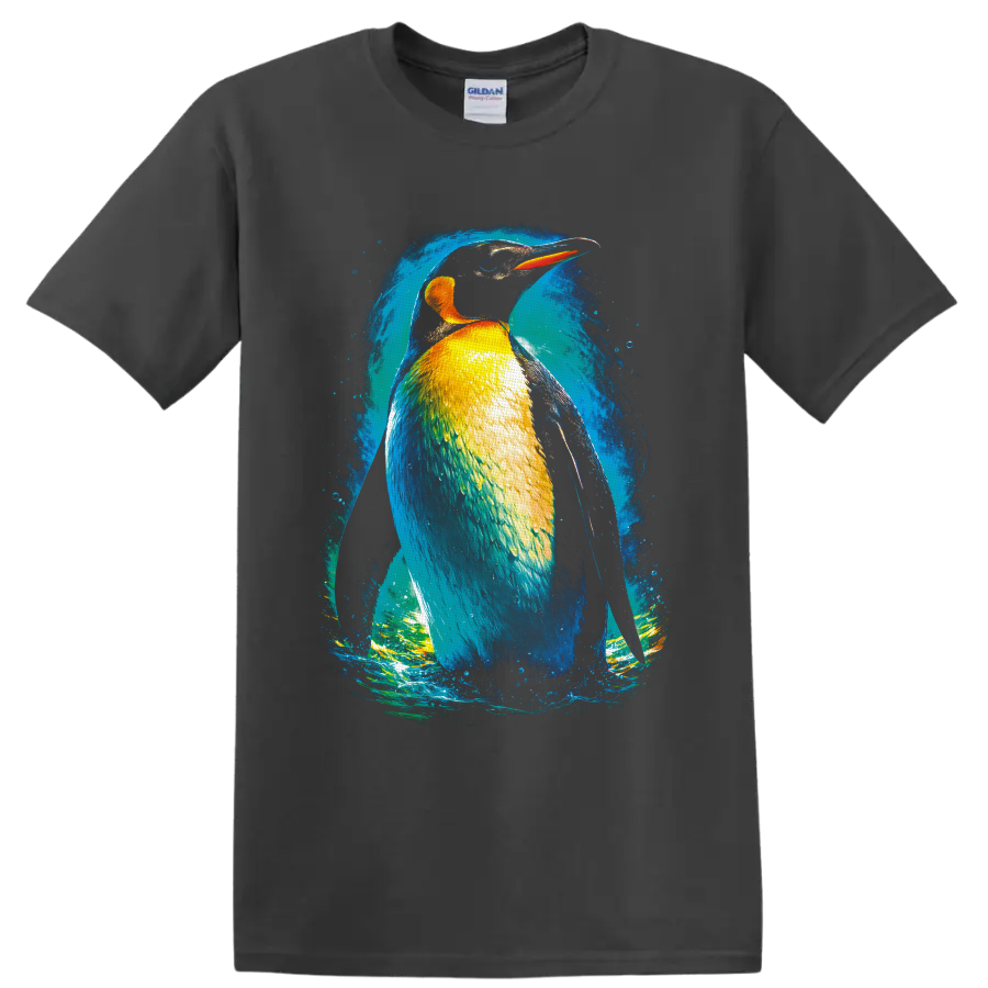 Colorful kingfisher illustration with blue, gold, and orange plumage in a curling wave on a Charcoal T Shirt
