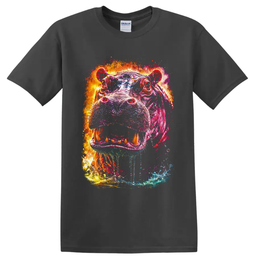 Vibrant splash-art hippopotamus portrait with open mouth, tusks, and water accents on a Charcoal T Shirt