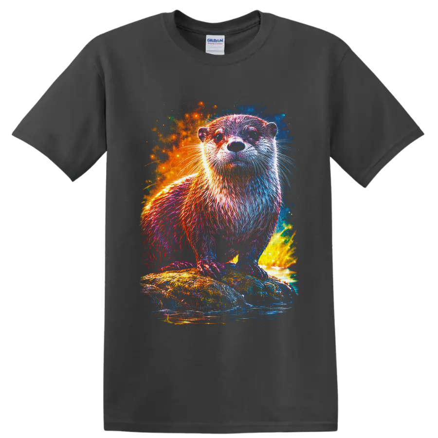 Cosmic neon otter standing on a rock above water with glowing colorful splashes on a Charcoal T Shirt