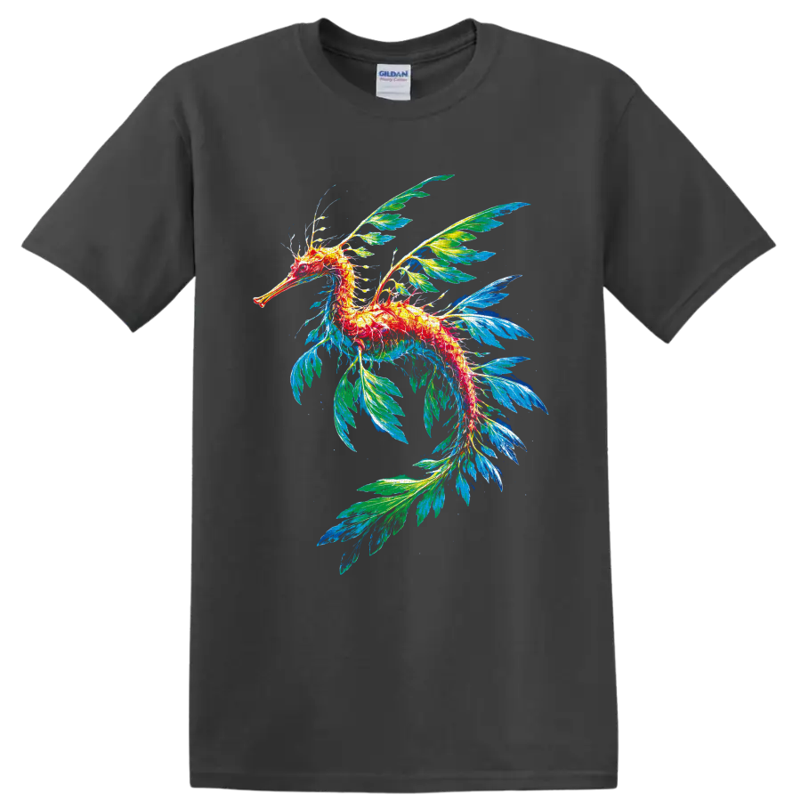Colorful leafy seadragon illustration with flowing blue and green leaf-like fins on a Charcoal T Shirt
