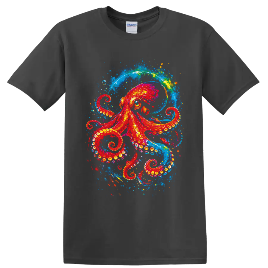 Colorful red octopus in electric blue ocean splash art with curling tentacles on a Charcoal T Shirt
