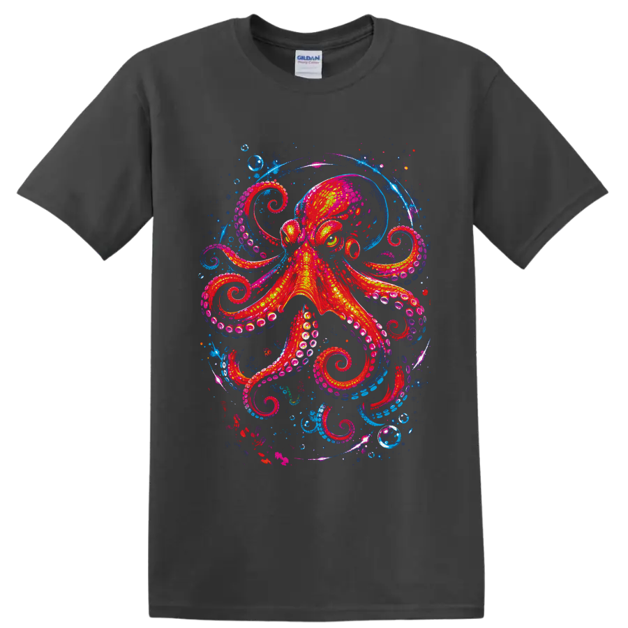 Neon-style octopus with curling tentacles, bubbles, and electric blue ocean swirls on a Charcoal T Shirt